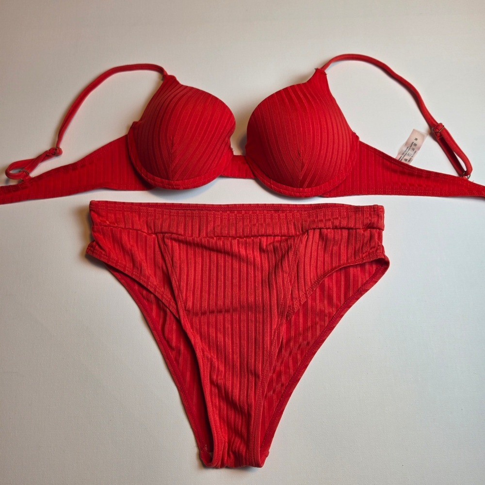 Red Orange Ribbed Underwire High Waist Bikini Set Size Medium